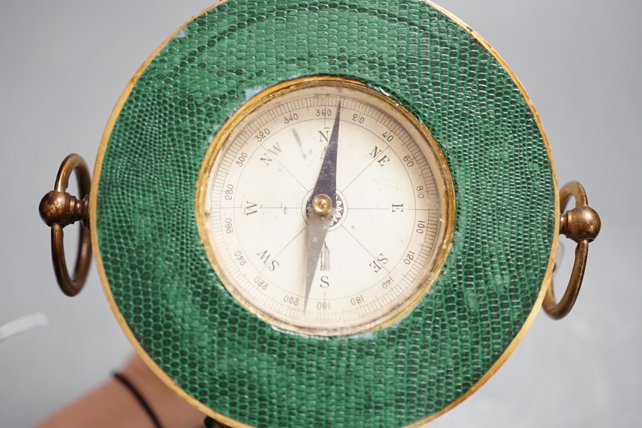 An unusual late 19th/early 20th century ostrich egg timepiece with encased compass and barometer - key included, 29cm high